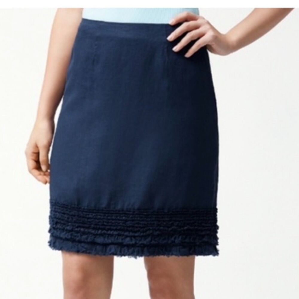 Tommy Bahama Linen Lined Pencil Skirt Navy Ruffle Work Casual